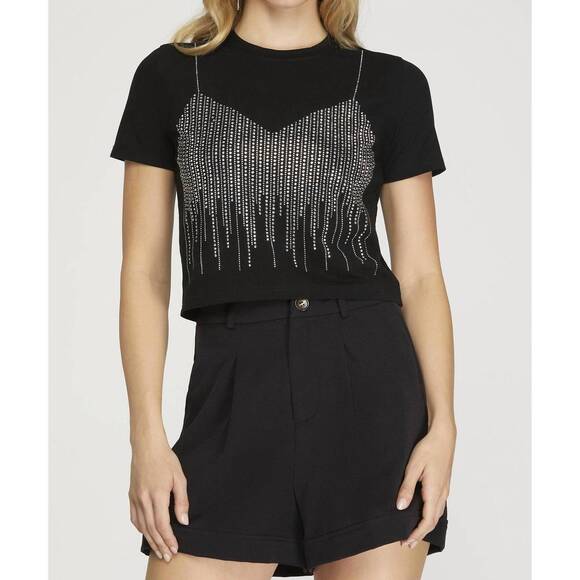 SHE + SKY Tops - NEW SHE + SKY rhinestone faux bra embellished t-shirt in black
